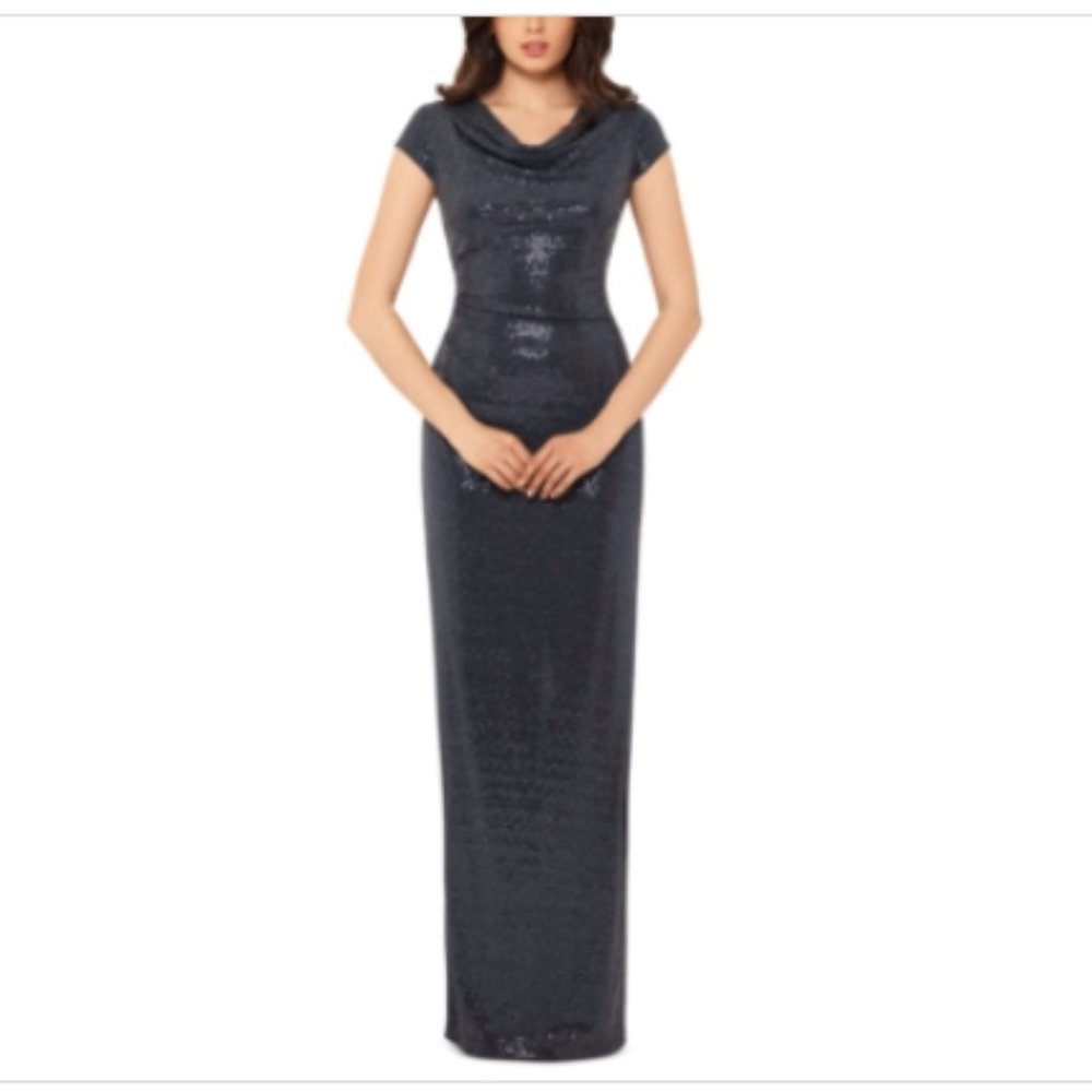 X by Xscape Women's Cowlneck Open-Back Sequined Gown Grey Size 4